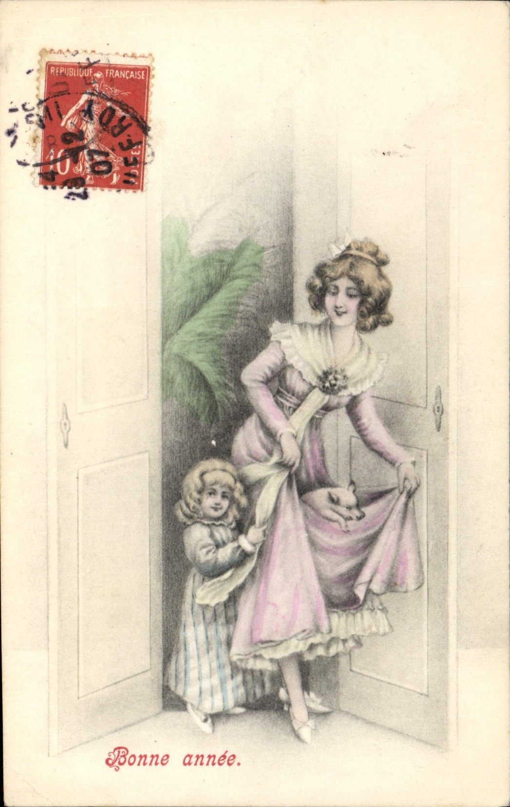 CPA Fantaisie Femme Enfant Cochon Porc 