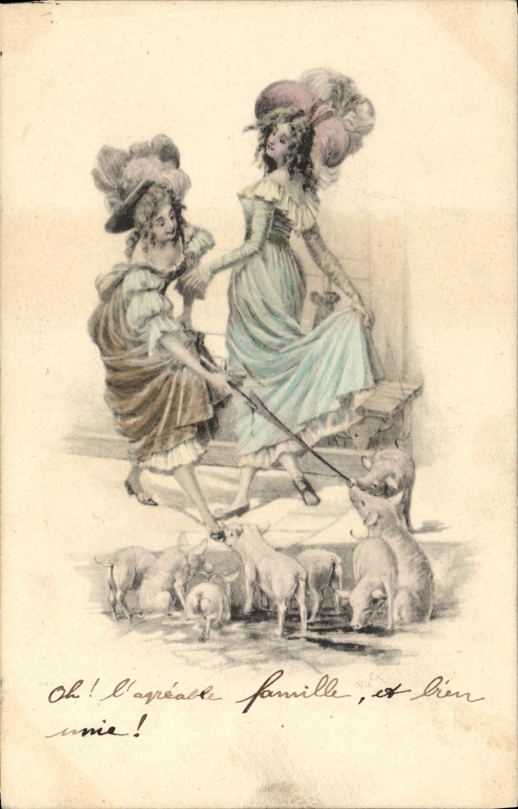 Vintage Postcard Fantasy Women Pig Pig