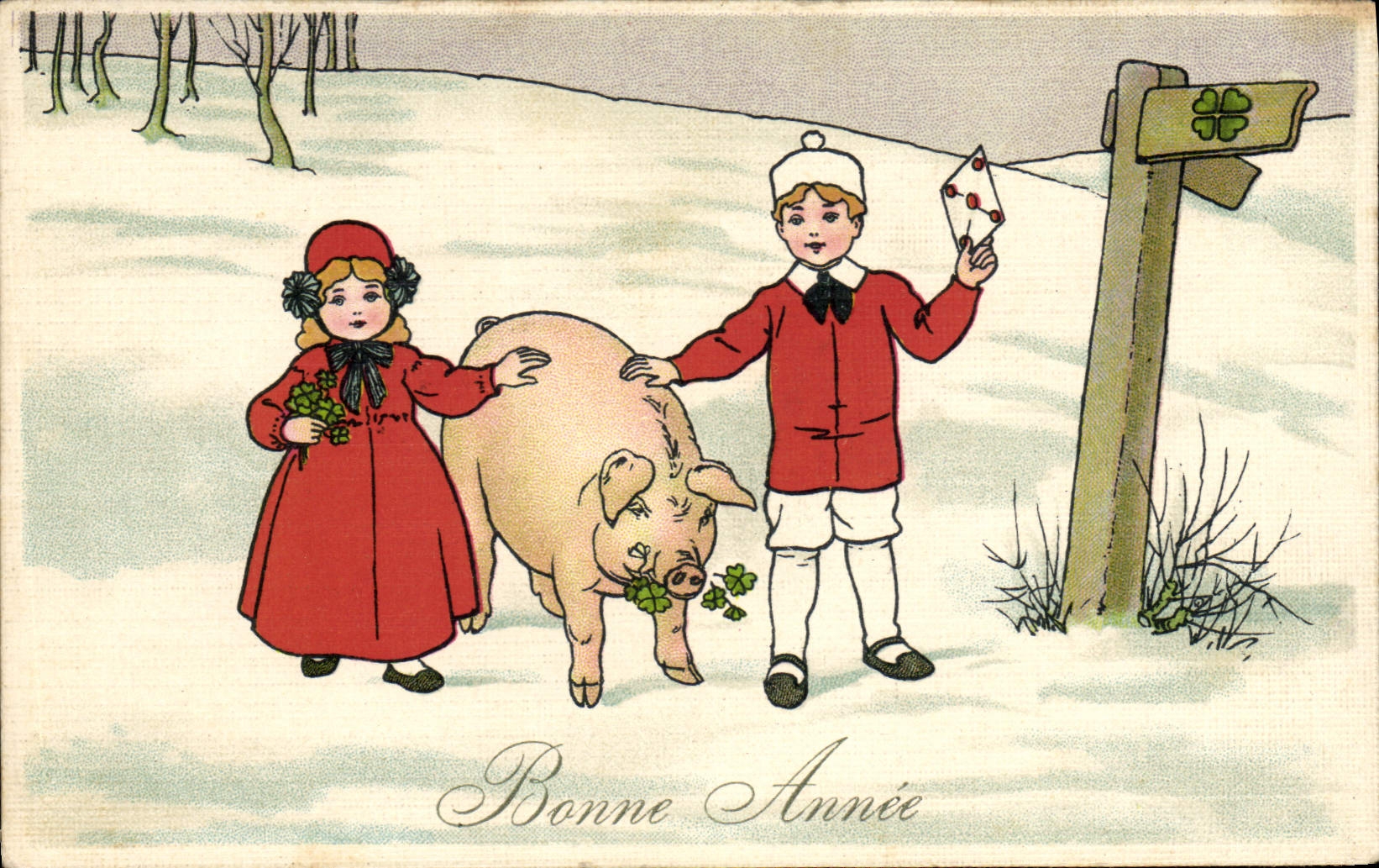 CPA Fantaisie Enfants Cochon Porc (carte toilee) Bonne annee