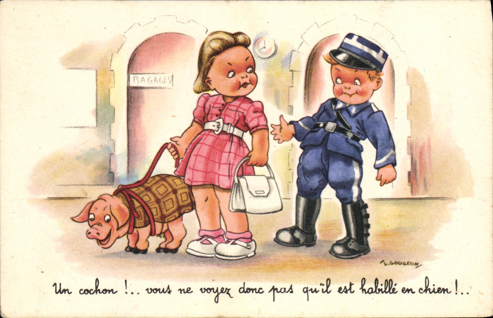 Postal Fantasia Niños Cerdo Cerdo Policía Gendarme