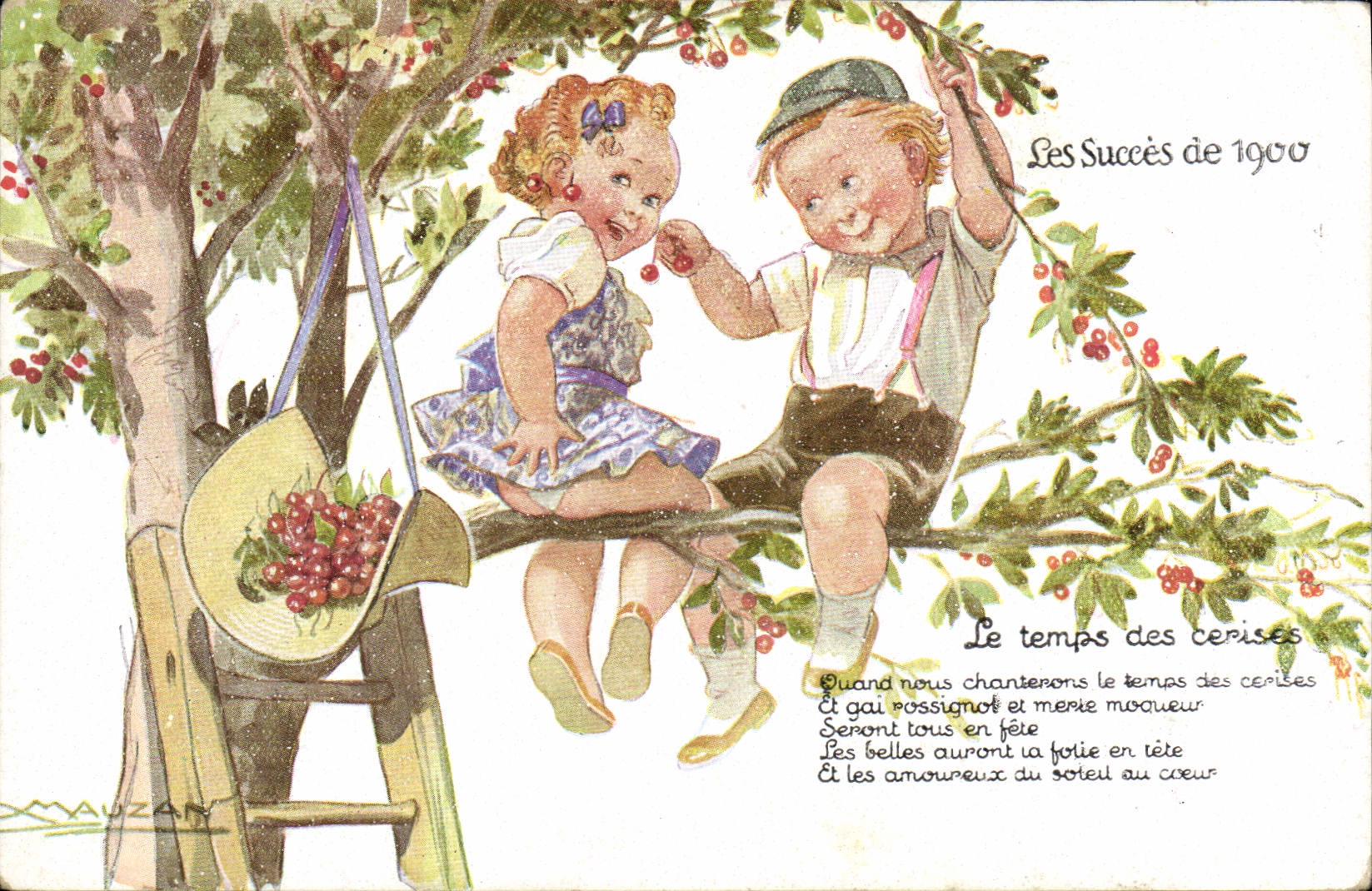 Vintage Postcard Fantasy Illustrator Children successes of 1900 the time of the Mauzan cherries