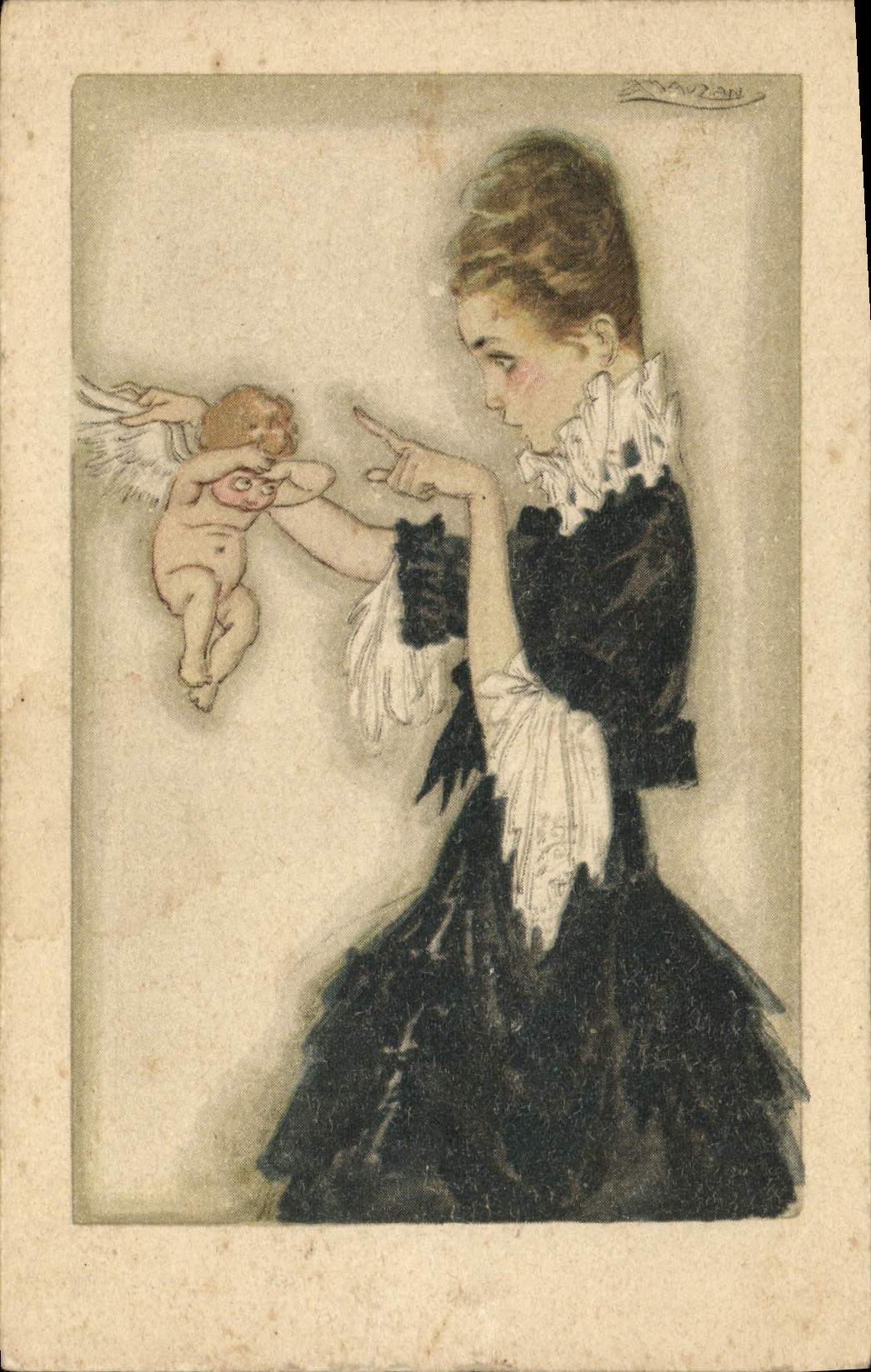 Vintage Postcard Fantasy Illustrator Mauzan Woman Angel