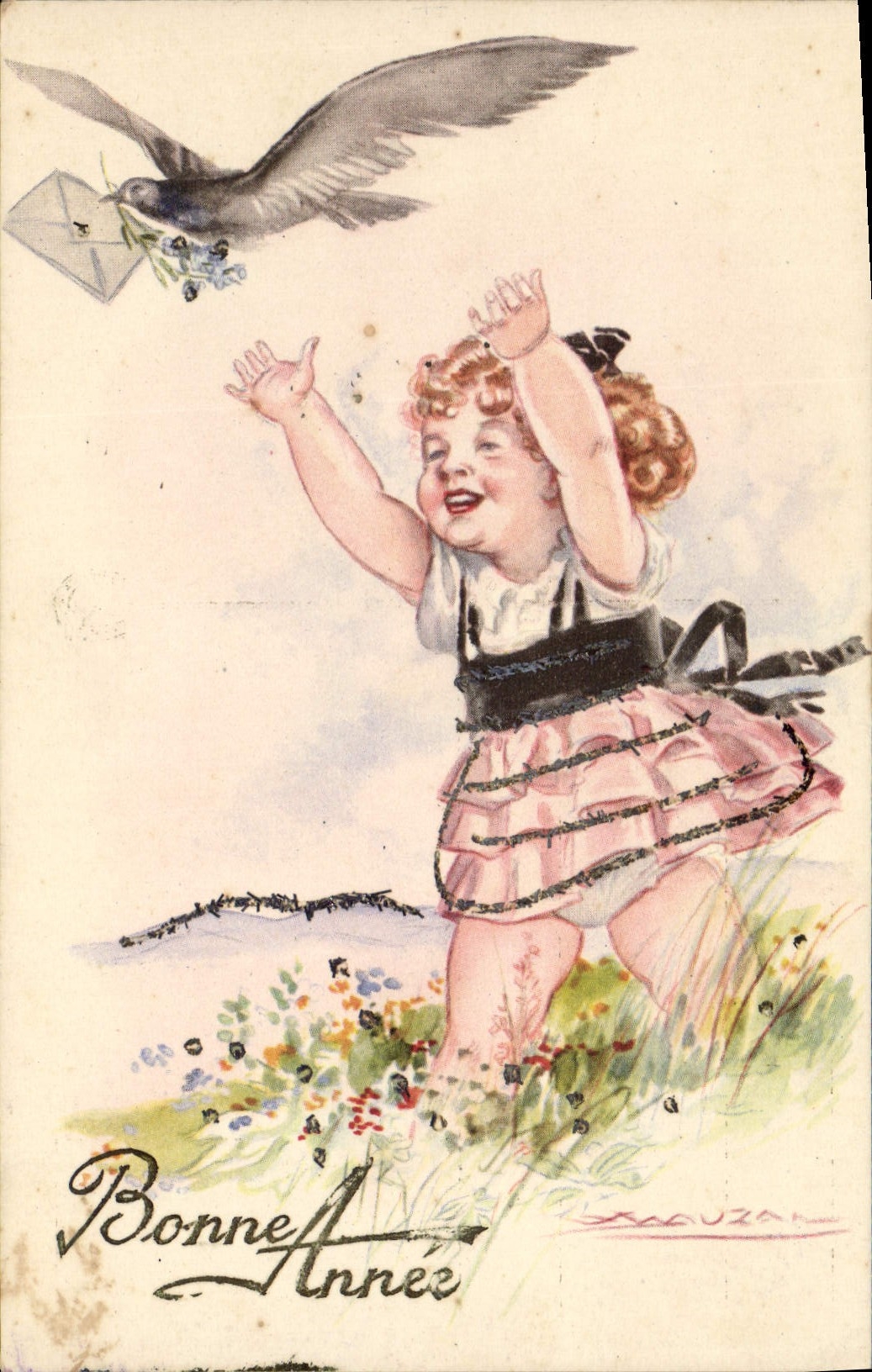 Vintage Postcard Fantasy Illustrator Mauzan Child Bird