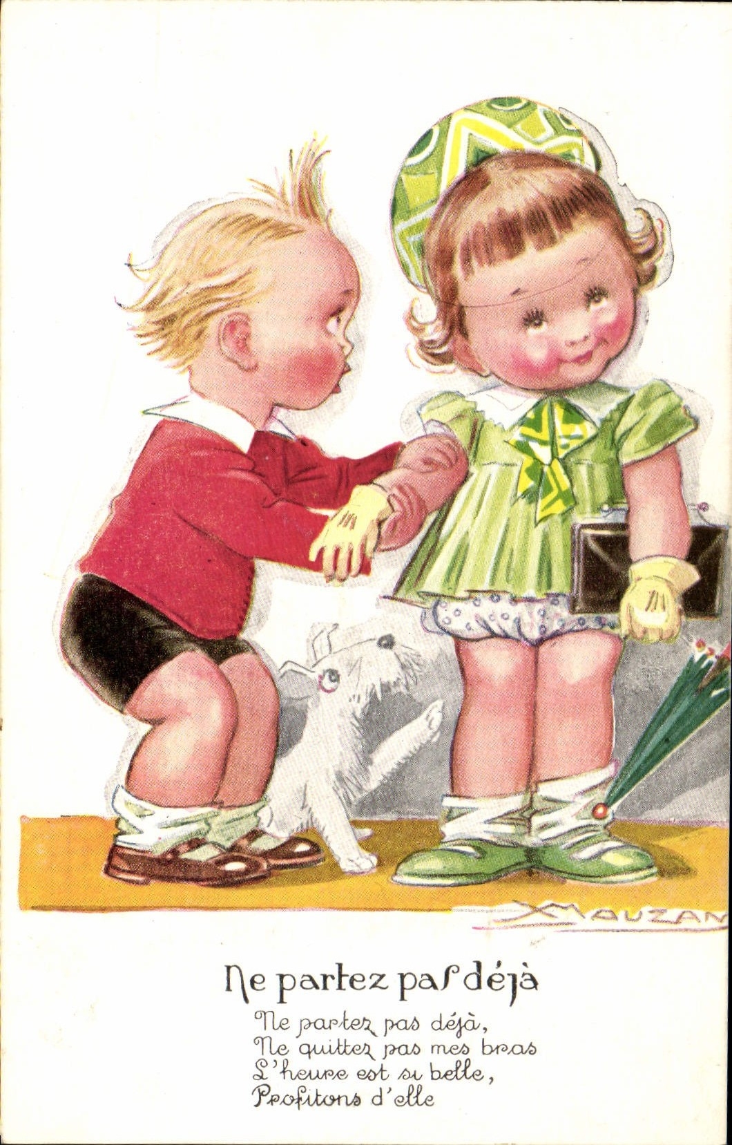 Vintage Postcard Fantaisie Illustrator Mauzan Enfants do not leave already Chien
