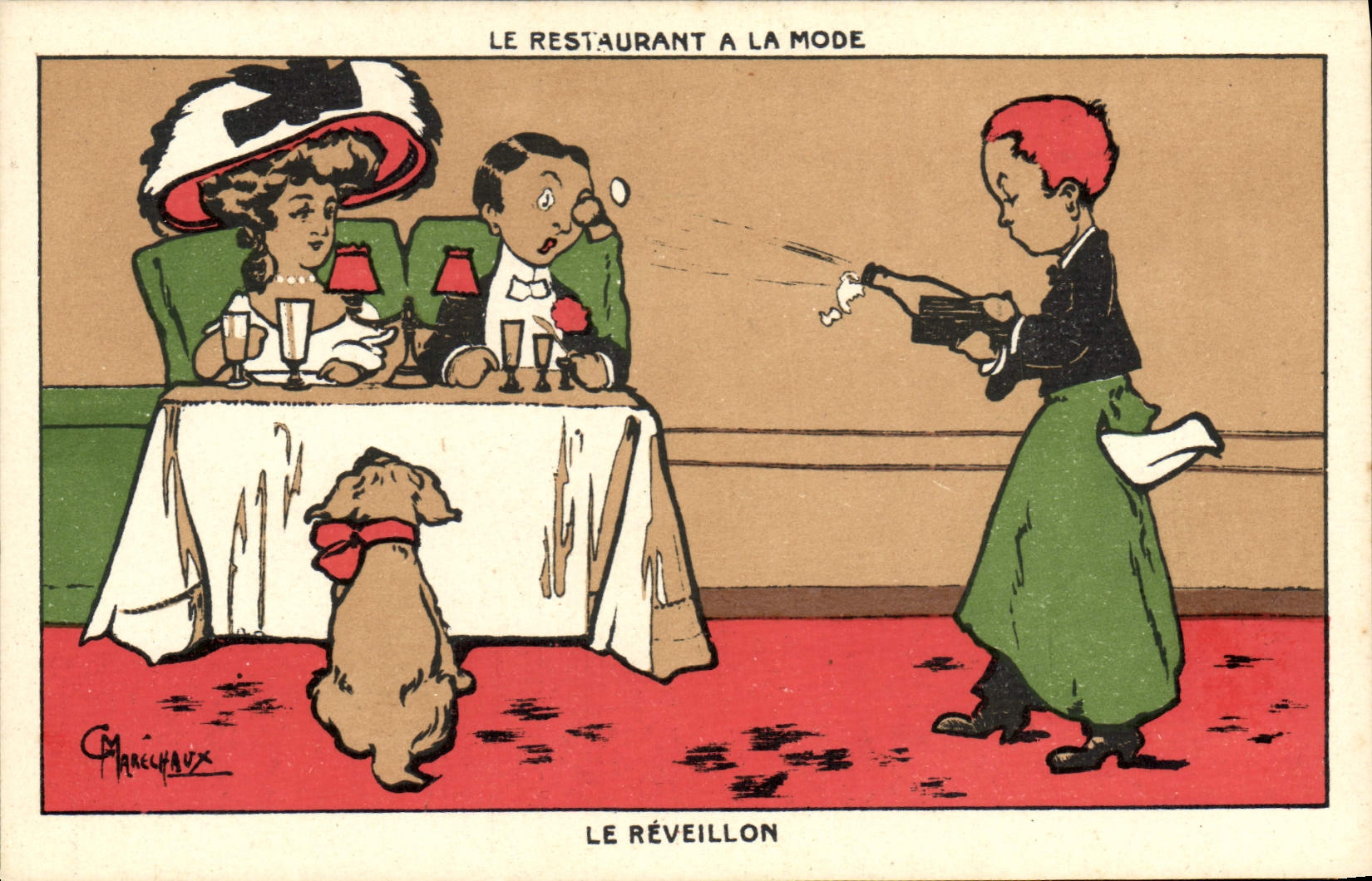 Vintage Postcard Fantaisie Illustrator Marshals the restaurant has the fashion the midnight supper