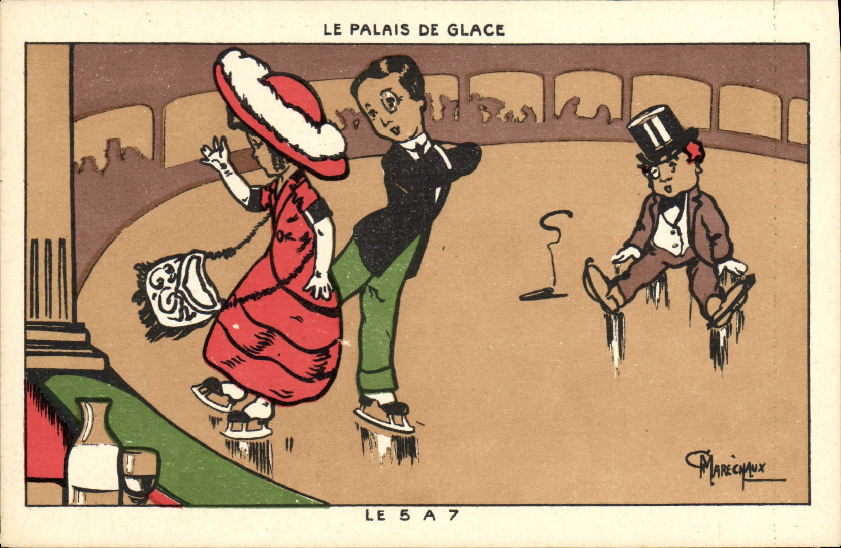 Vintage Postcard Fantaisie Illustrator Marshals the palate of ice the 5 has 7 Iceskates