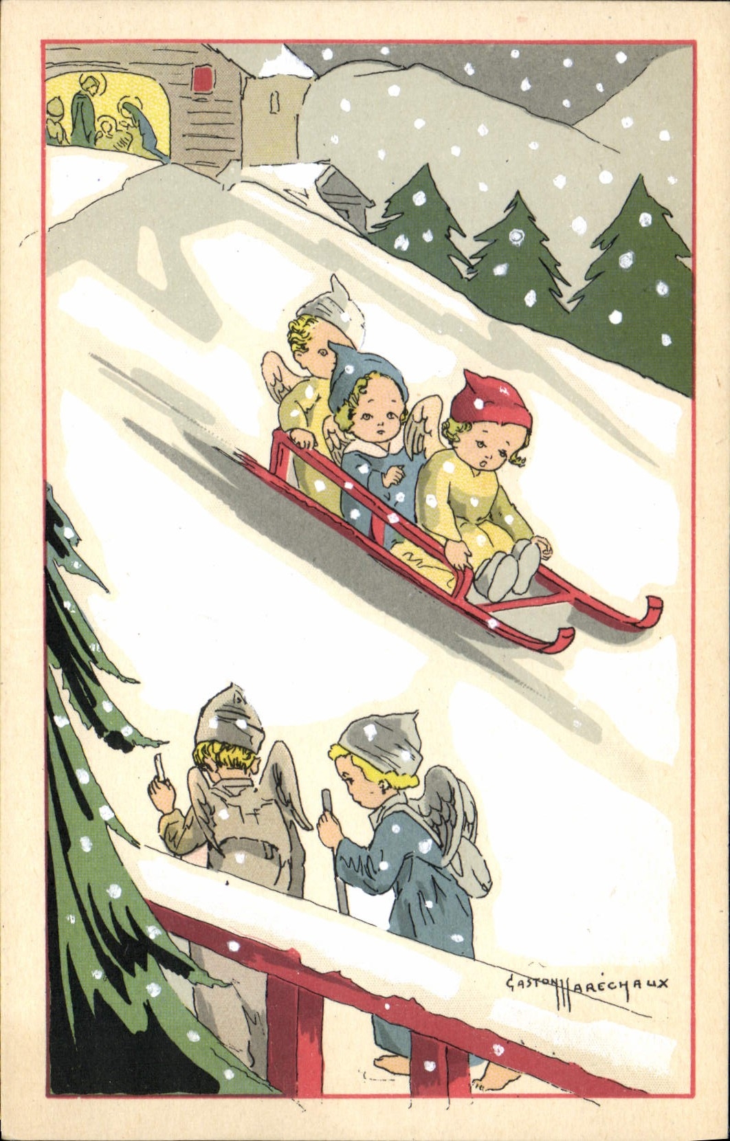 Vintage Postcard Fantaisie Illustrator Marshals Angels Toboggans