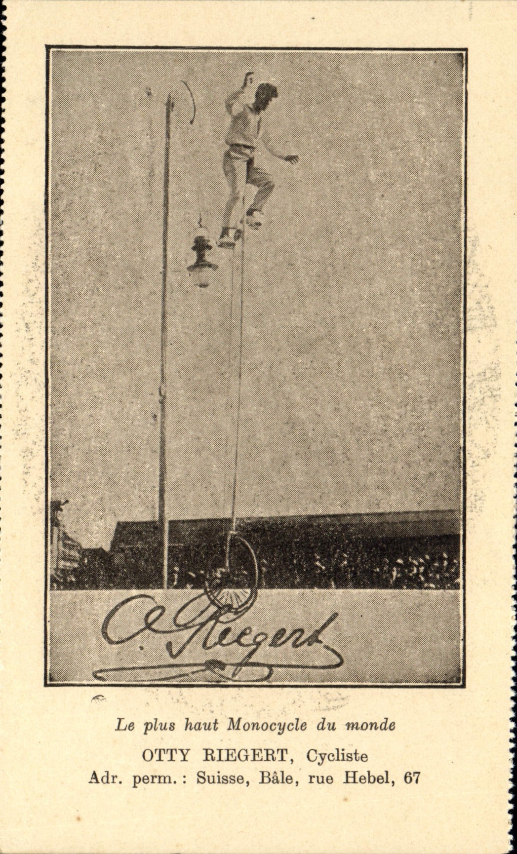 Postal Otty Riegert Ciclista Ciclo Bicicleta el más arriba monocycle del mundo