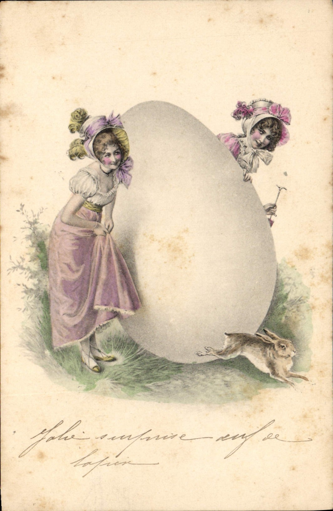 Vintage Postcard Rabbit Rabbits Women egg
