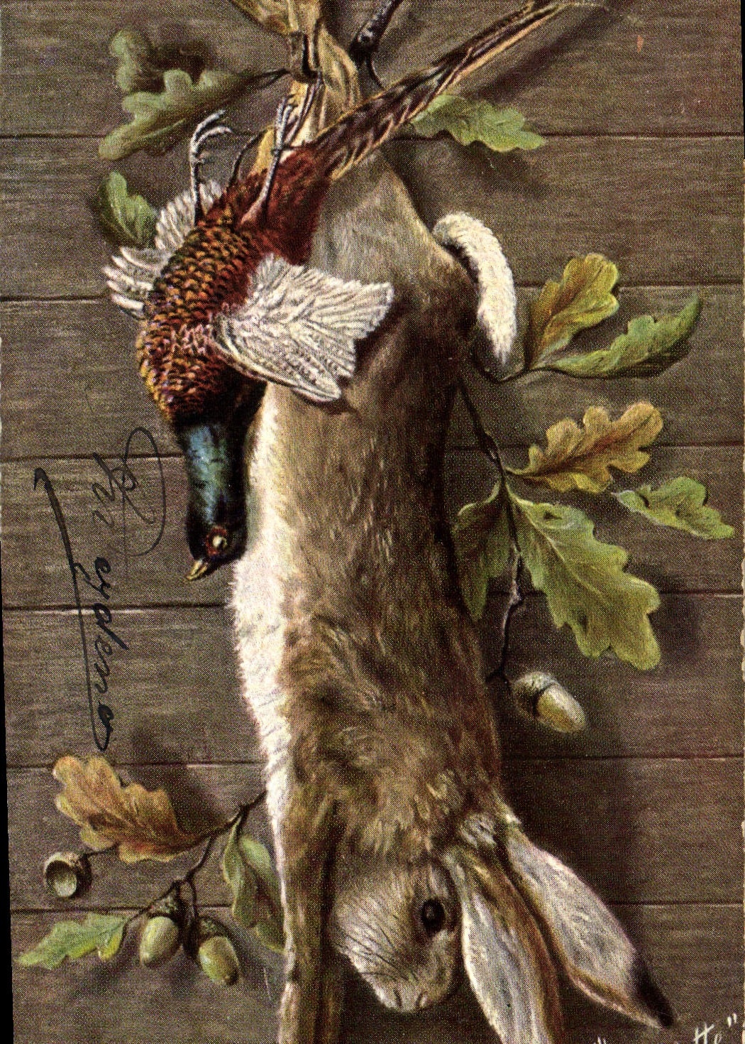 Vintage Postcard Lapin Rabbits Partridge Drives out