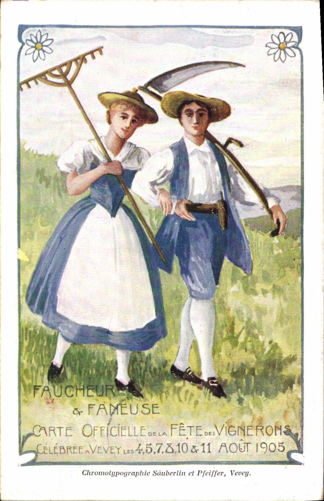 Vintage Postcard Fantasy Mowing Illustrator official Chart of the Vine growers Vevey 1905