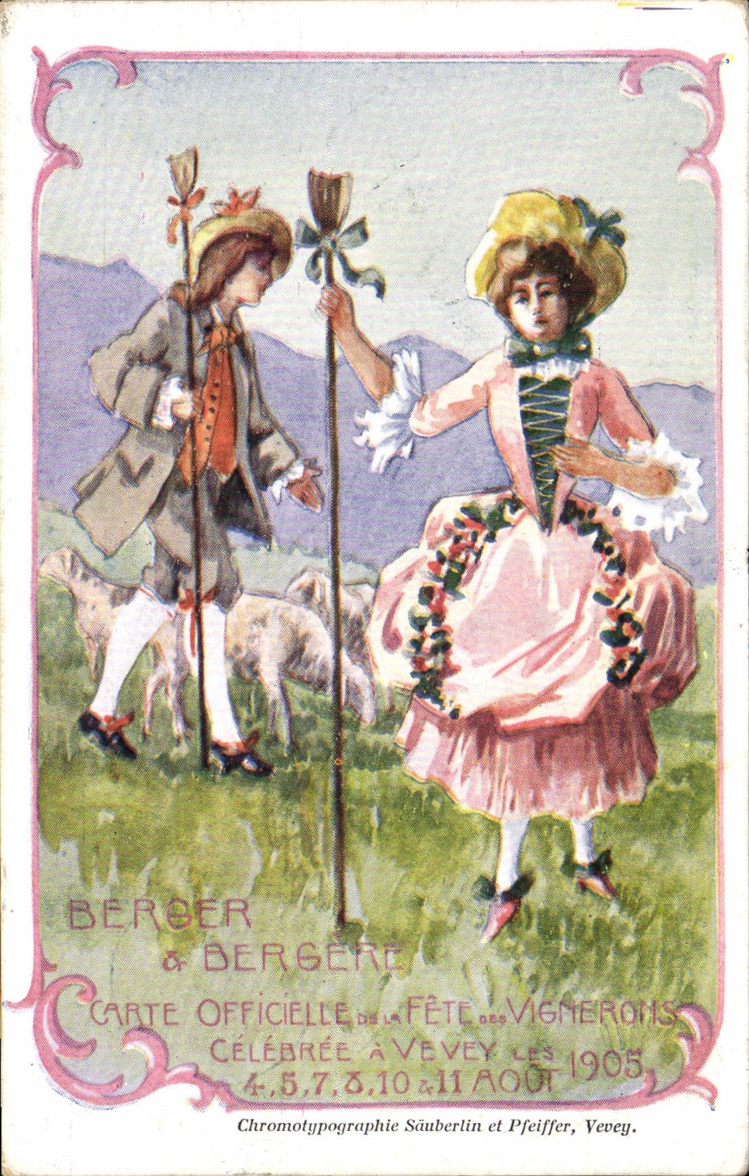 Vintage Postcard Fantasy Illustrator Shepherd & Shepherdess official Chart of the Vine growers Vevey 1905