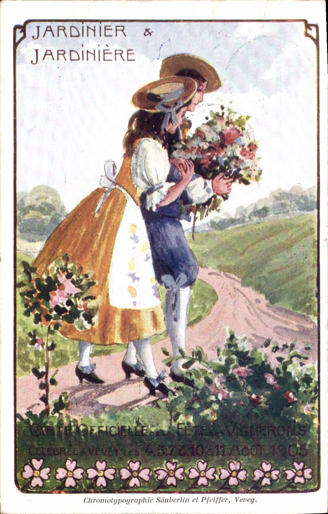 Vintage Postcard Fantasy Garden Illustrator & Garden official Chart of the Vine growers Vevey 1905