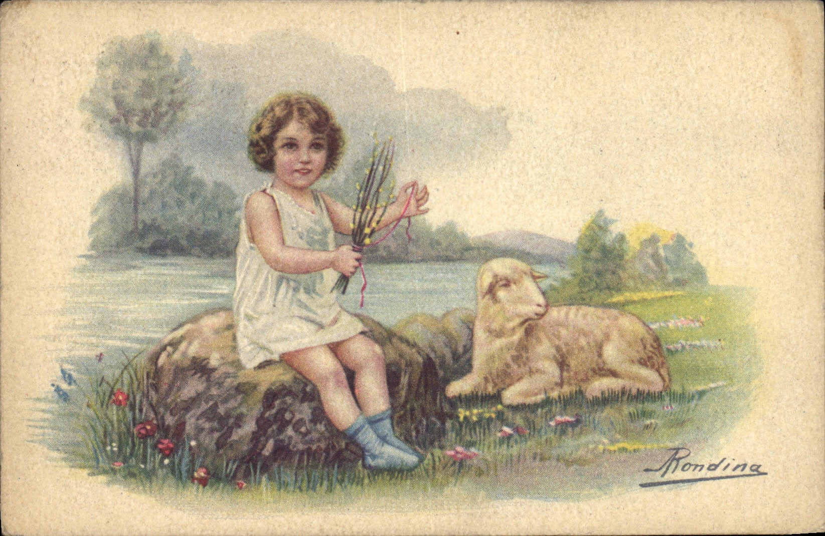 Vintage Postcard Fantasy Illustrator Child Lamb