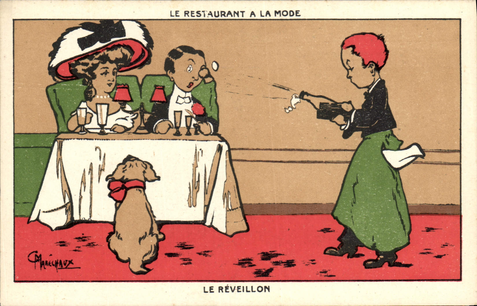 Vintage Postcard Fantaisie Illustrator Marshals the Restaurant has the Fashion the Chien midnight supper