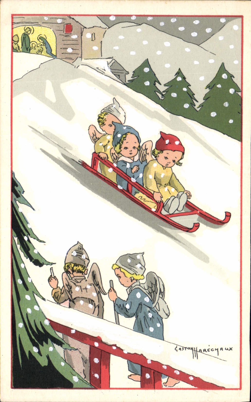 Vintage Postcard Fantaisie Illustrator Marshals Children Toboggans