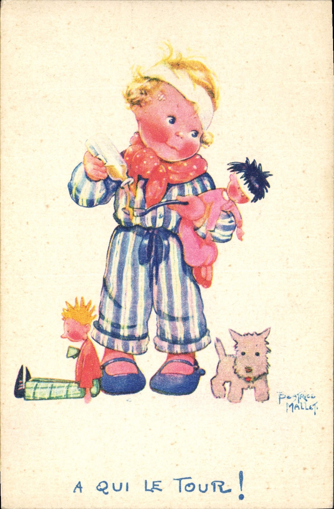 Vintage Postcard Fantasy Illustrator Mallet Child A which it turn Dog