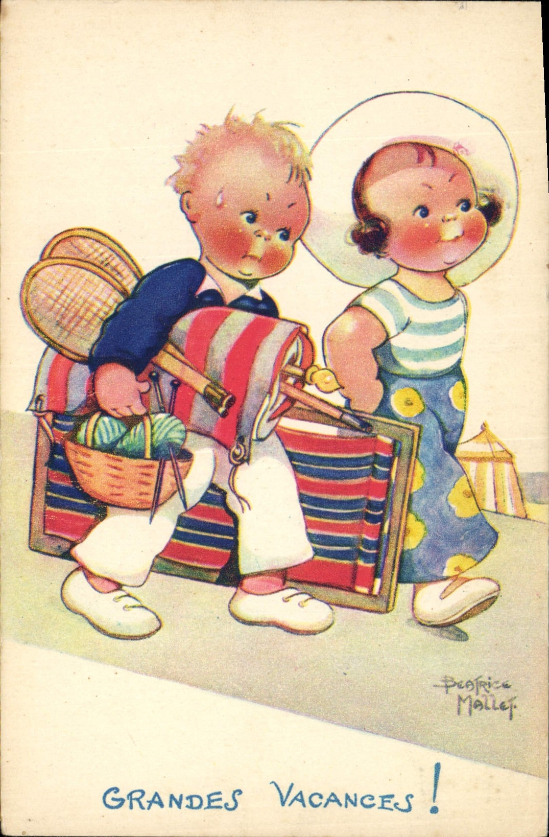 Vintage Postcard Fantasy Illustrator Mallet Child Summer holidays Tennis