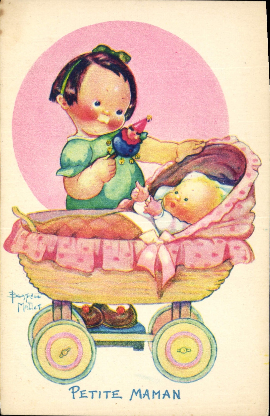 Vintage Postcard Fantasy Illustrator Mallet Child Small mom Pushchair