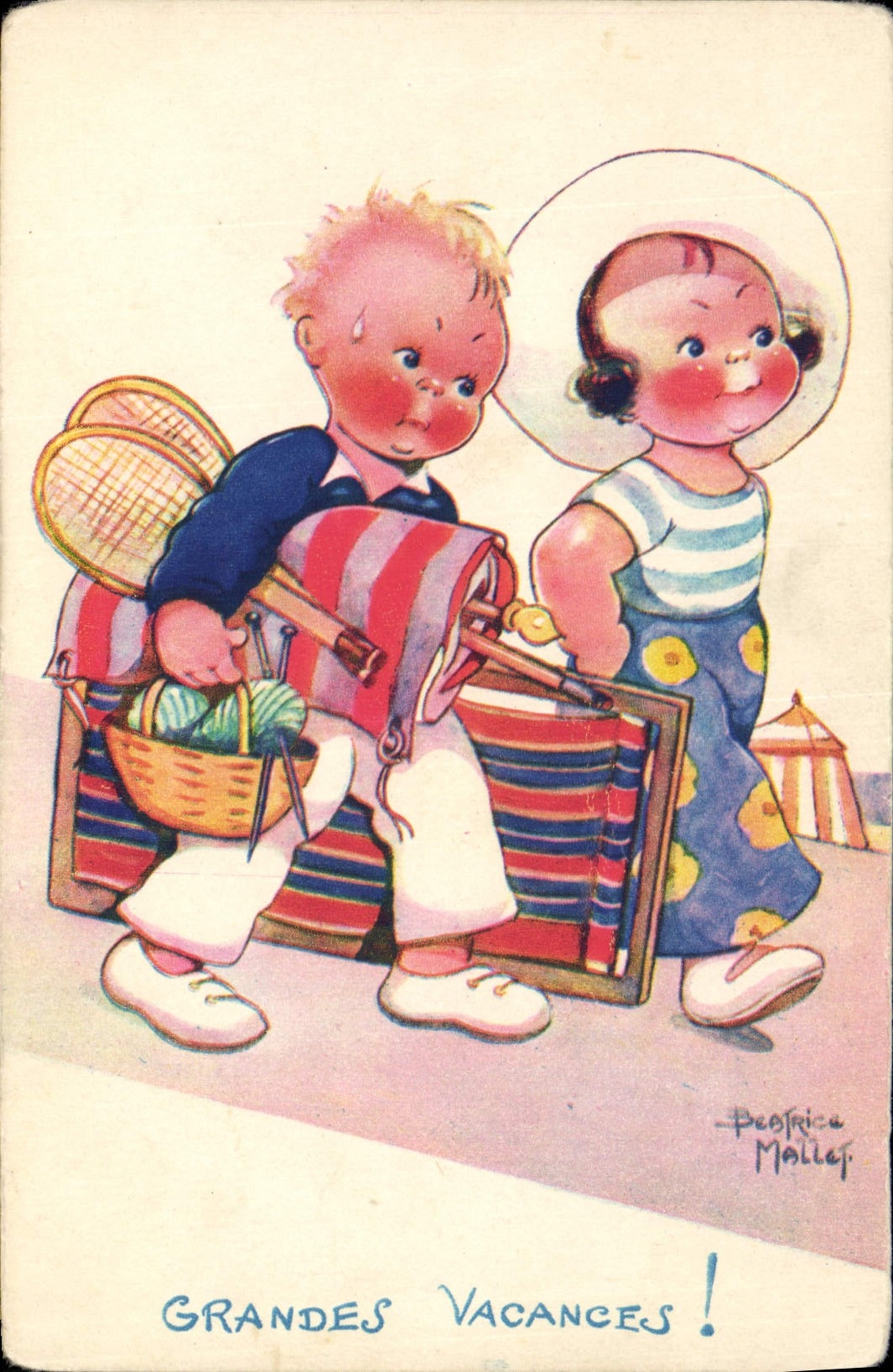 Vintage Postcard Fantasy Illustrator Mallet Children Summer holidays Tennis
