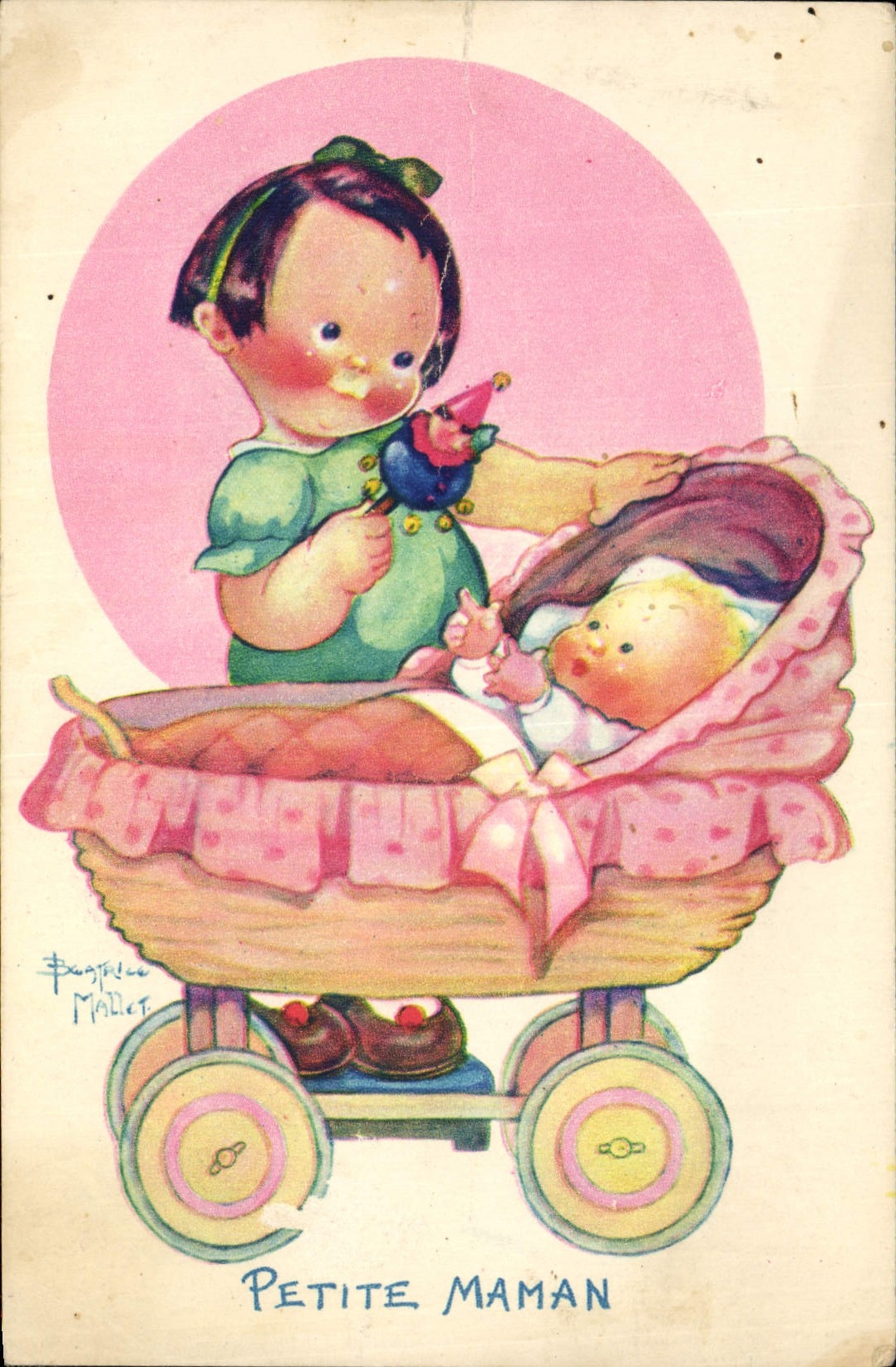 Vintage Postcard Fantasy Illustrator Mallet Child Pushchair Small mom