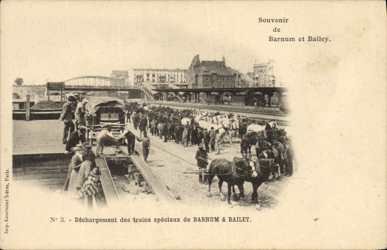 Vintage Postcard Barnum Circus and Bailey Unloading of the special trains Horses Clown