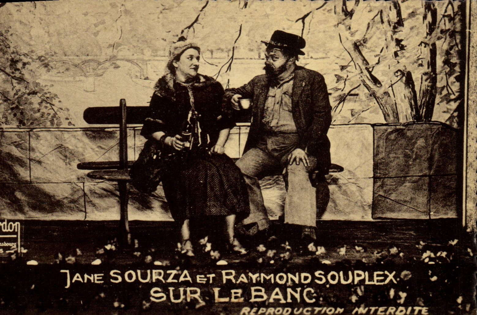 Vintage Postcard Circus Jane Sourza and Raymond Souplex on the bench Clown Clowns