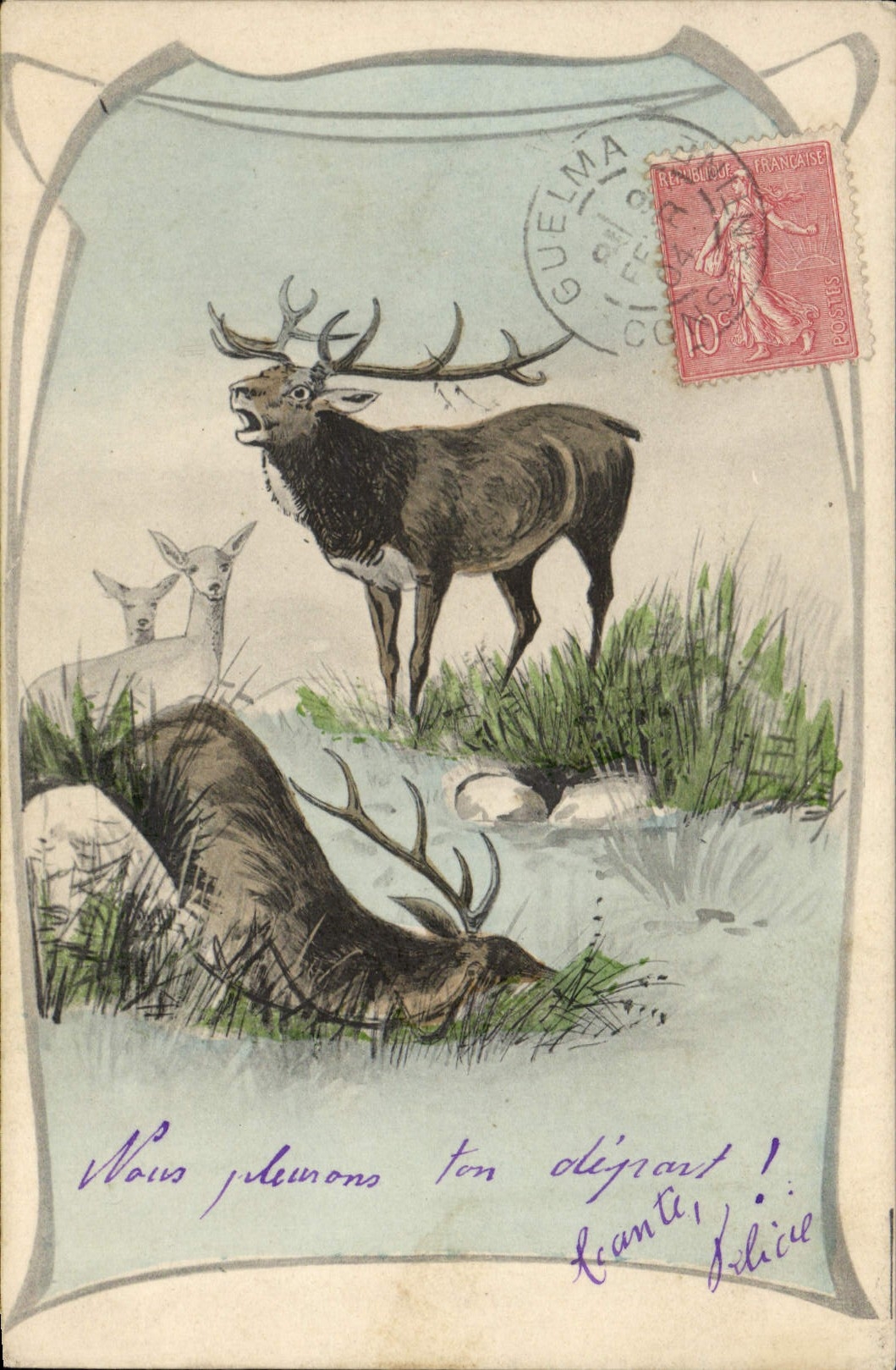 Vintage Postcard Fantaisie Illustrator Stag Drives out Hinds