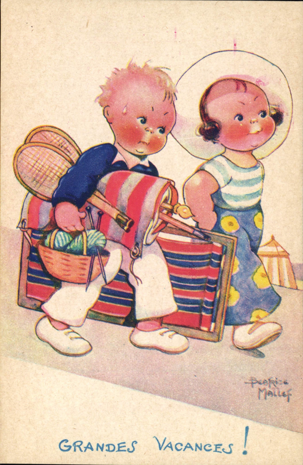 Vintage Postcard Fantasy Illustrator Mallet Child Summer holidays