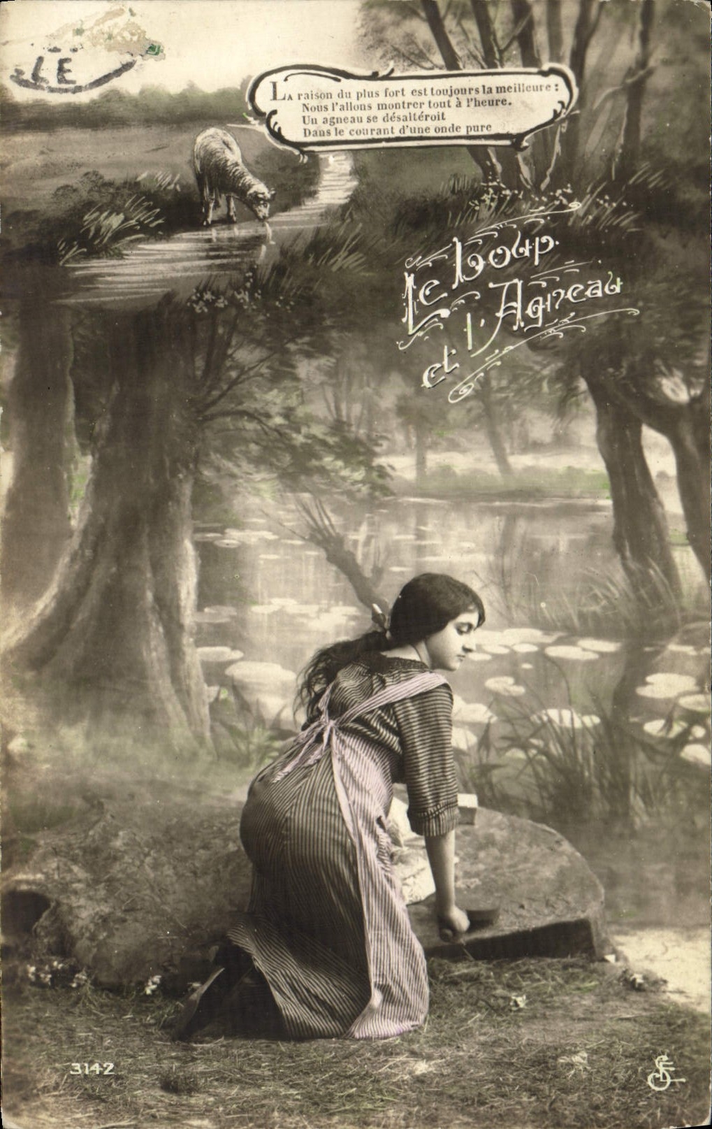 Vintage Postcard Woman the wolf and the lamb