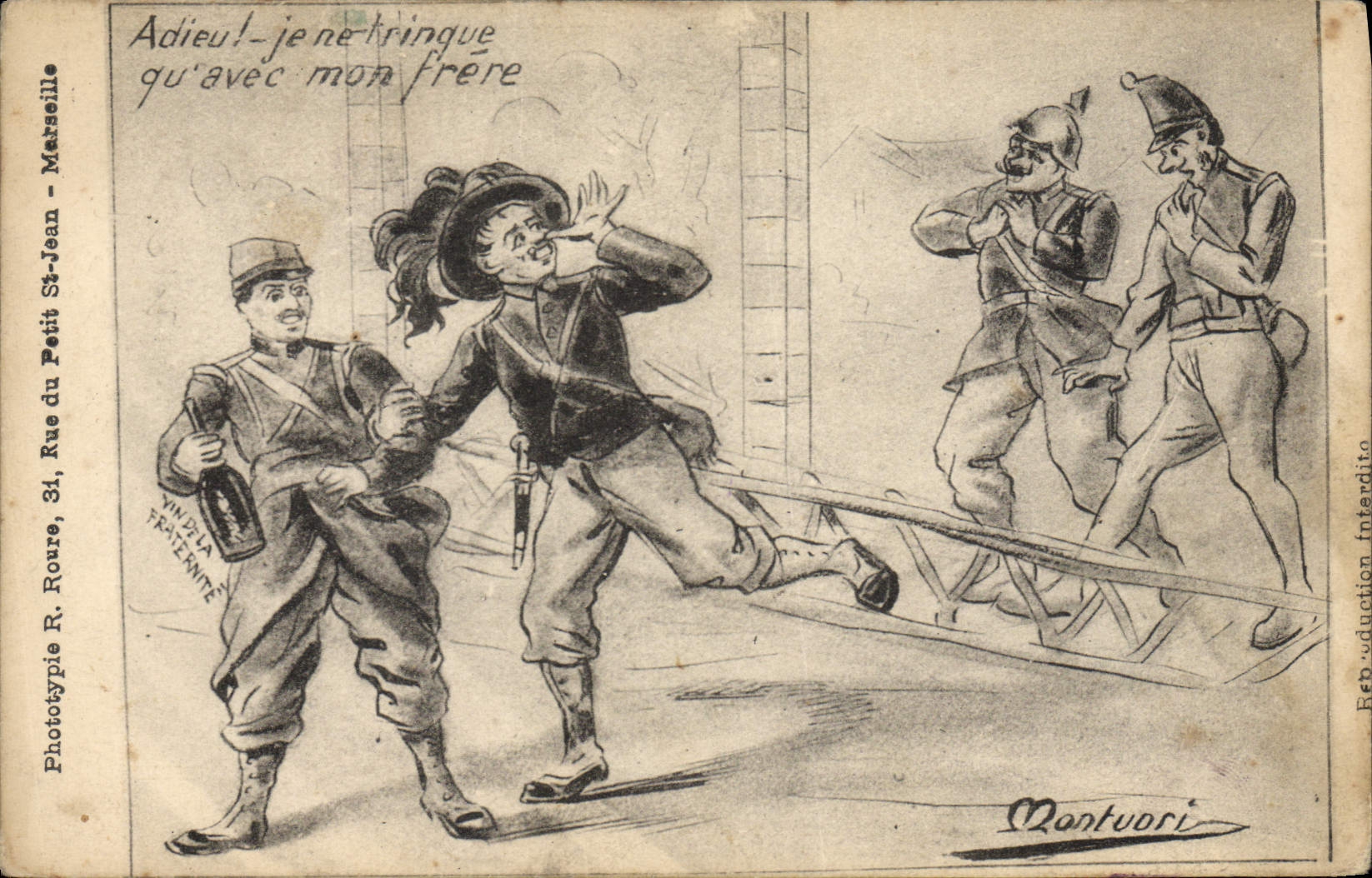 Vintage Postcard Militaria Adieu I clink glasses only with my brother