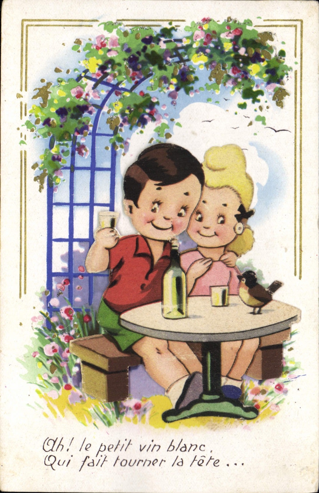 Vintage Postcard Fantasy Illustrator Children Ah! white light local wine