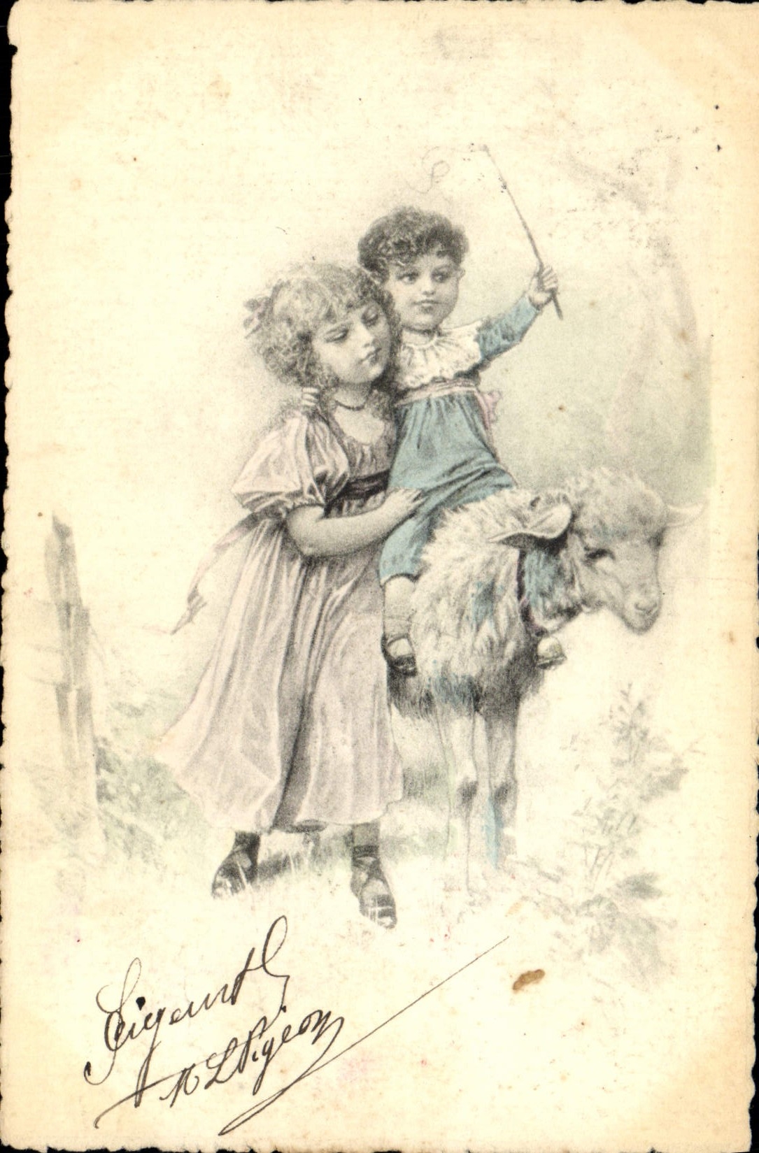 Vintage Postcard Fantasy Illustrator Children Sheep