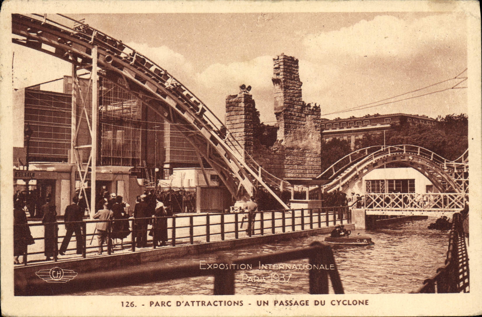 Postal París 1937 de Exposición internacional Parque de atracciones un paso del ciclón