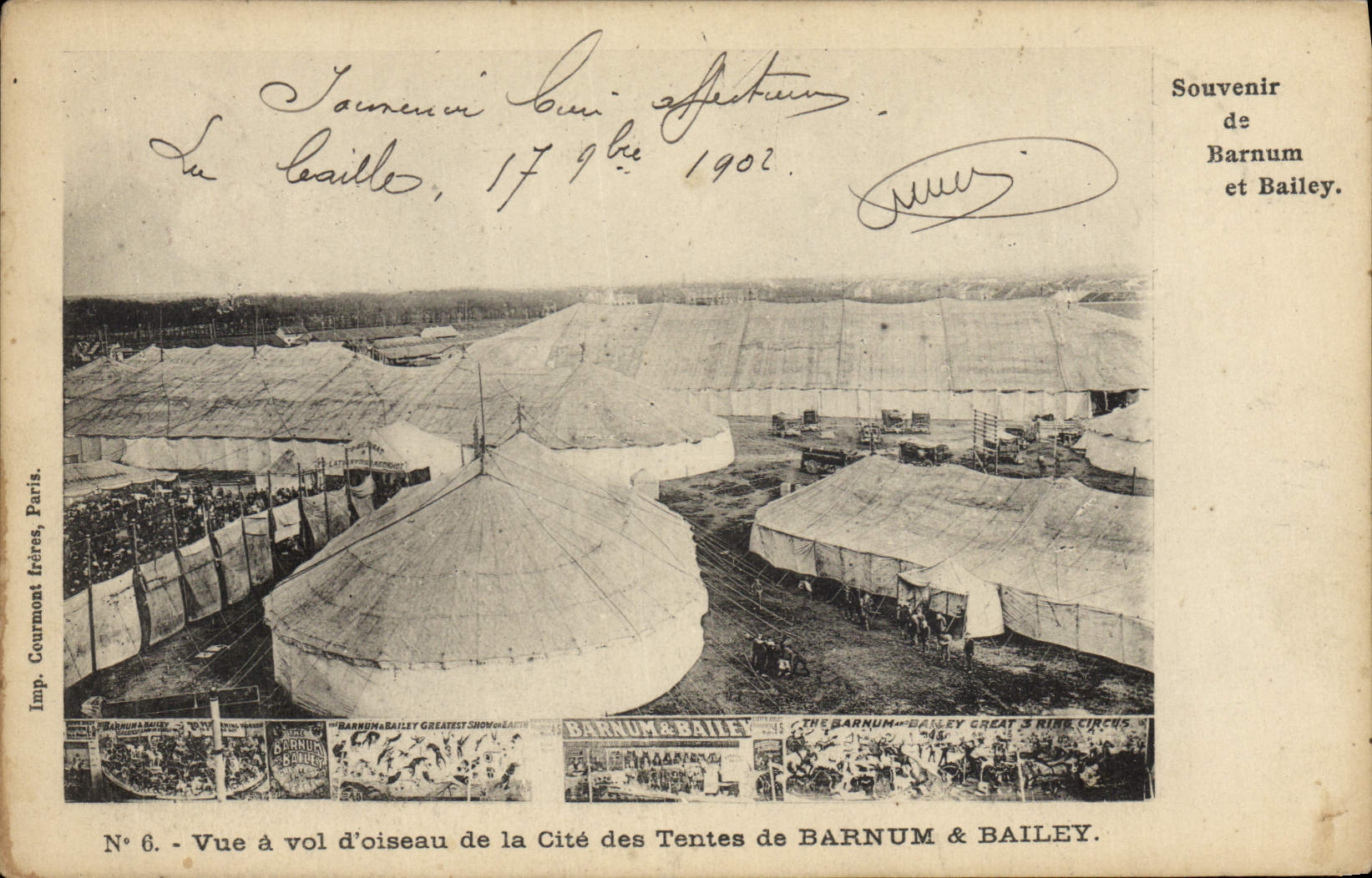 Vintage Postcard Circus Barnum and Bailey Vue has flight of bird of quotes tents