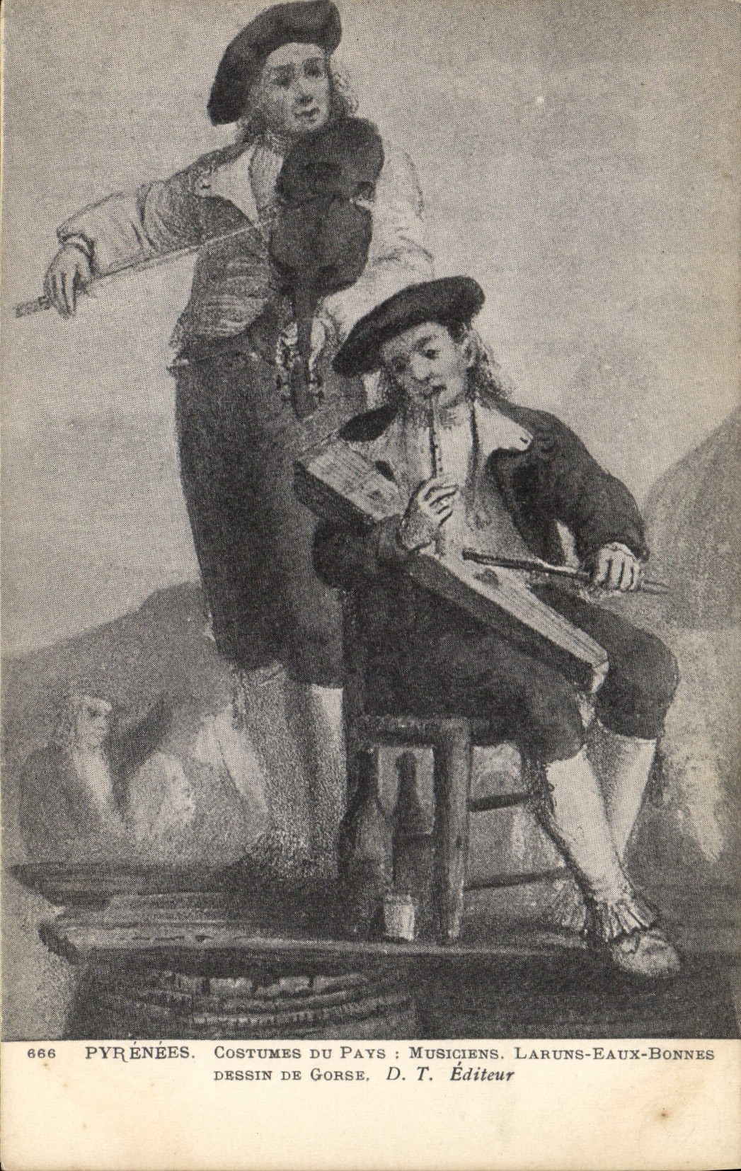 Postal Folclore Pirineos Músicos Laruns Aguas Bueno Dibujo de Gorse