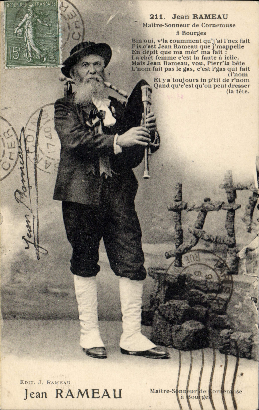 Vintage Postcard Folklore Jean Rameau Master bell-ringer of Bagpipe has Bourges
