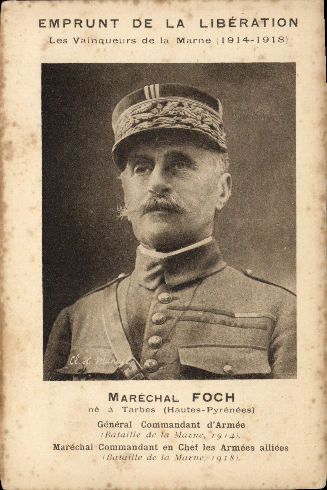 Vintage Postcard Militaria Marshal Foch Loan of the release Winners of the Marne