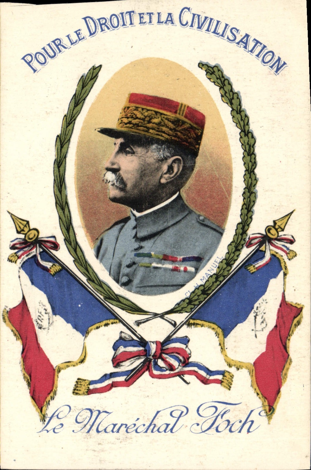 Vintage Postcard Militaria Foch Marshal For the right and the civilization