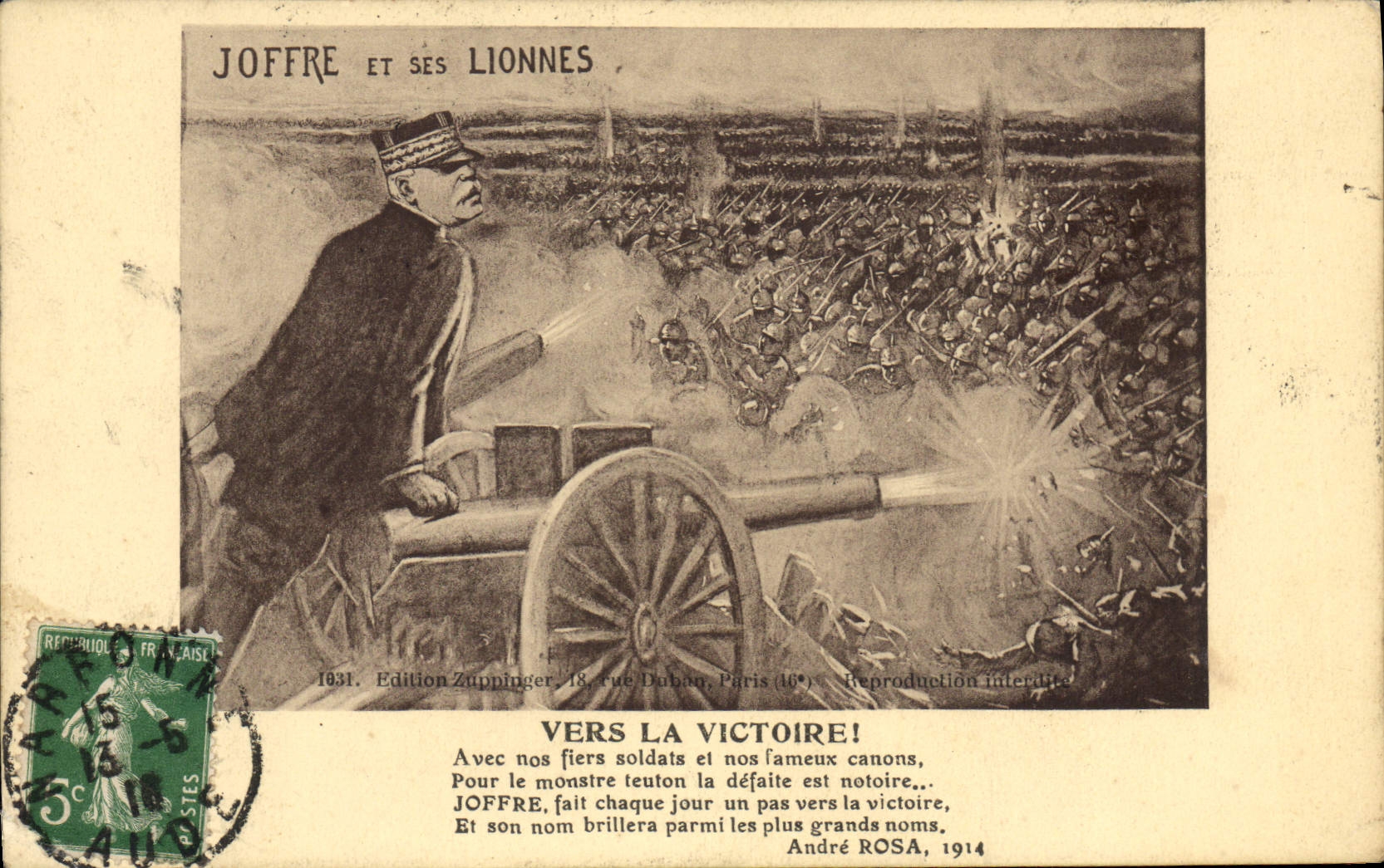 Postal Militaria Joffre y sus leonas hacia la victoria