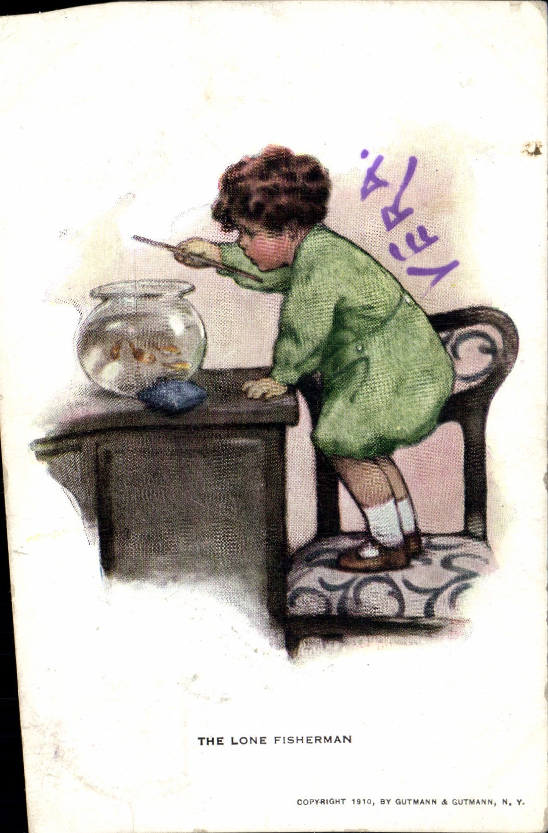 CPA Fantaisie Illustrateur Enfant The lone fisherman Poissons