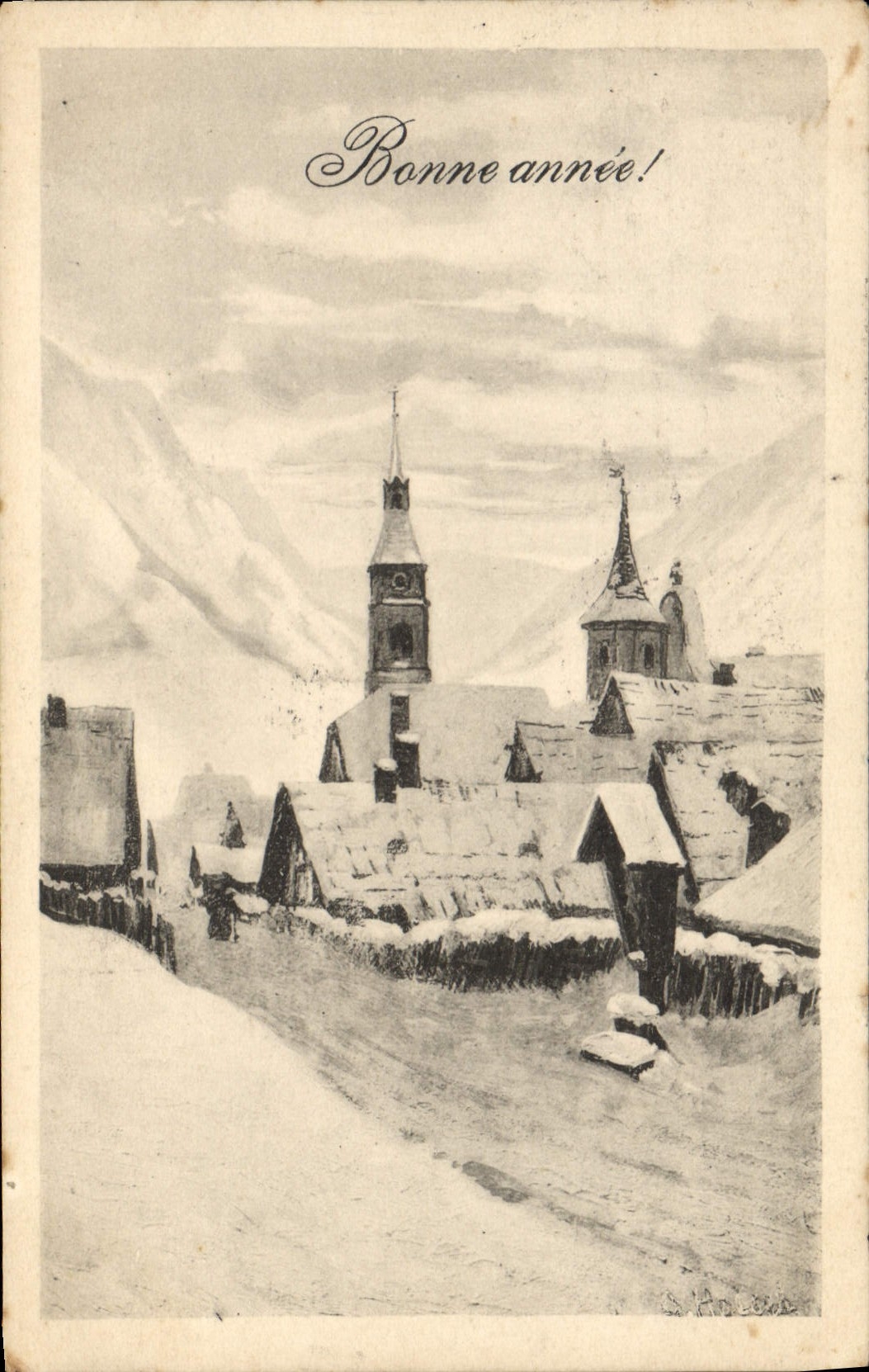 CPA Fantaisie Illustrateur Village Bonne annee