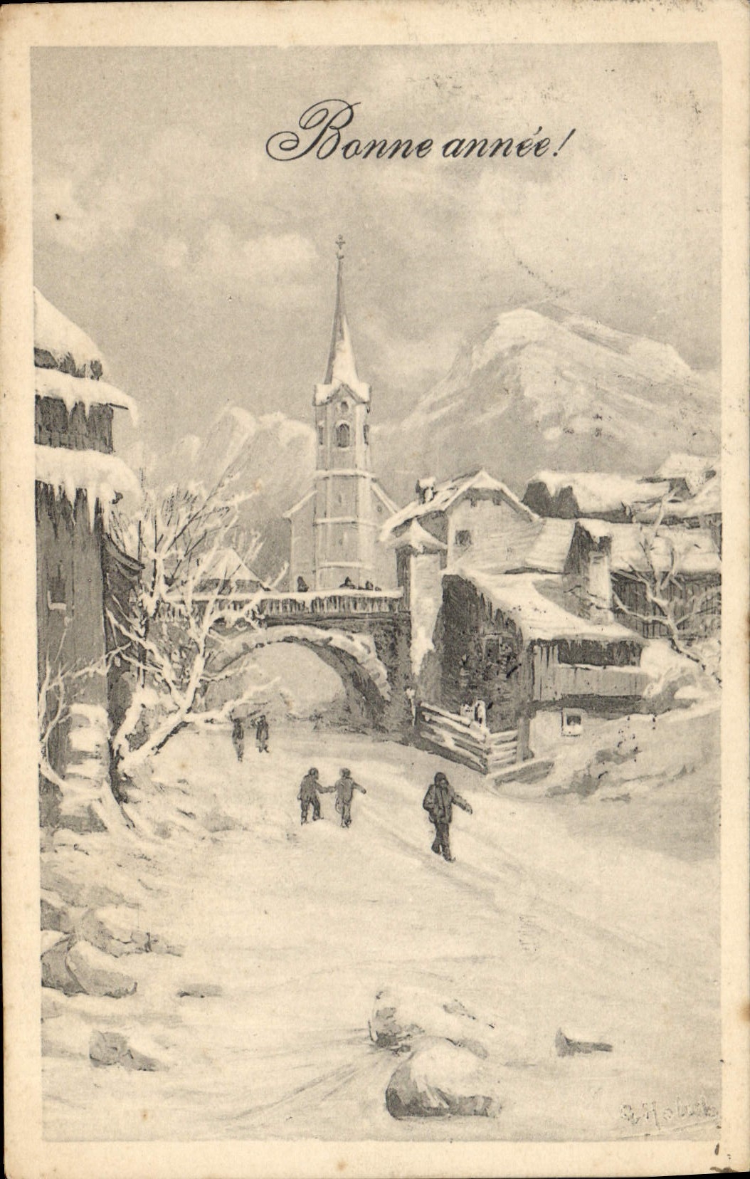 CPA Fantaisie Illustrateur Village Bonne annee
