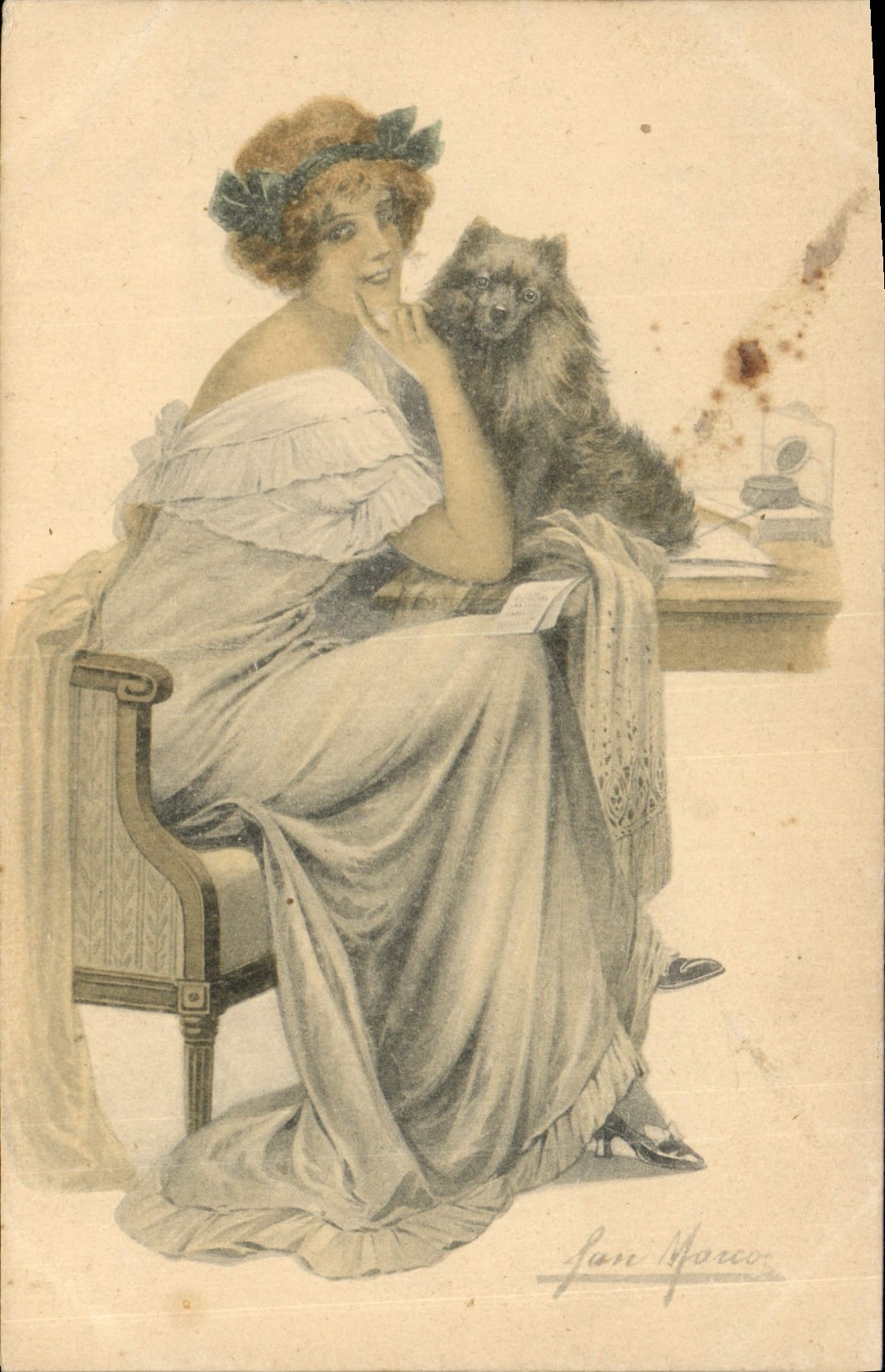 CPA Fantaisie Illustrateur Femme Chien