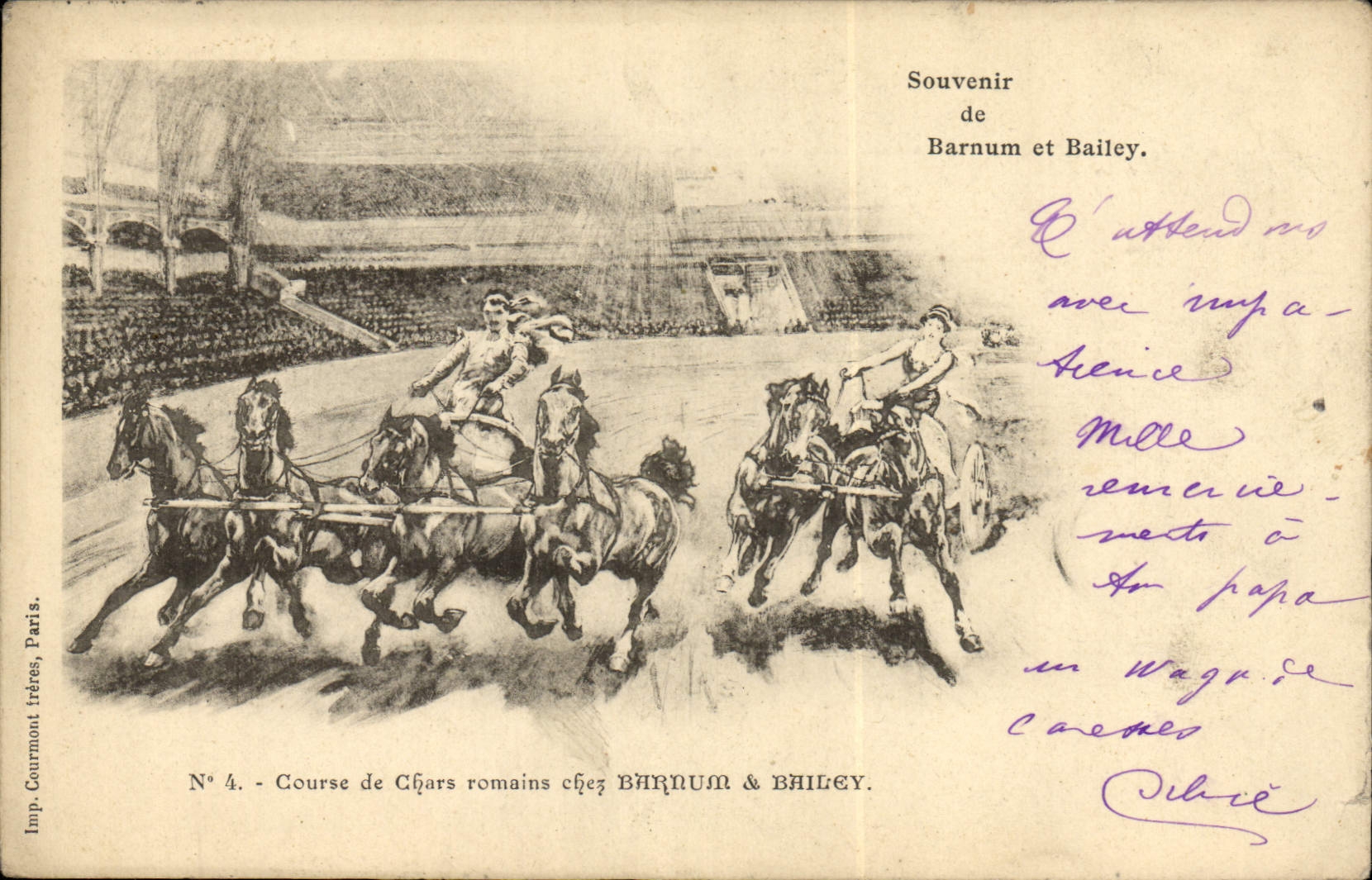 Vintage Postcard Circus Barnum and Bailey Chases of roman chariots
