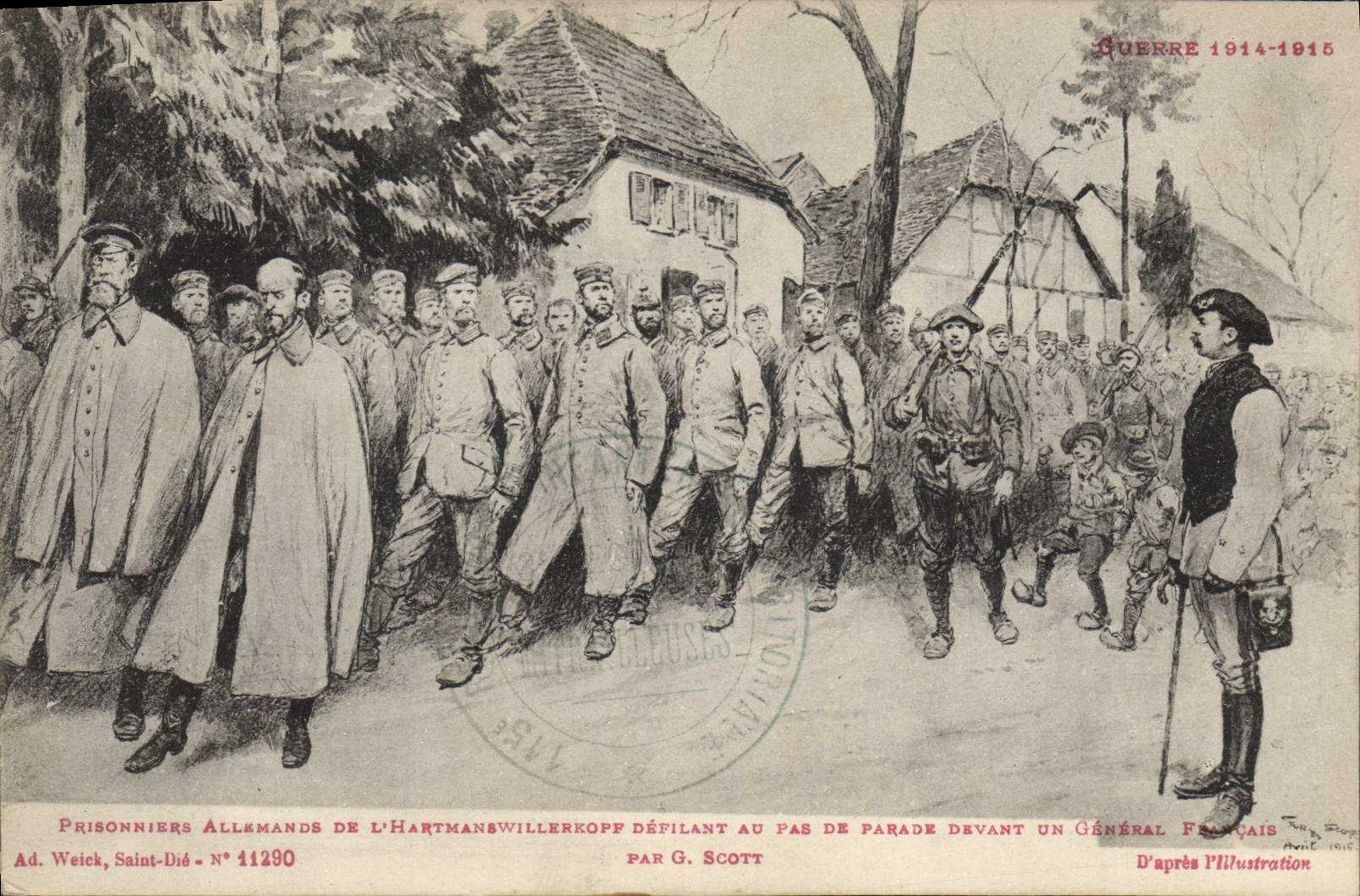 Vintage Postcard Militaria German Prisoners of Hartmannswillerkopf ravelling with the step of parade in front of a general French