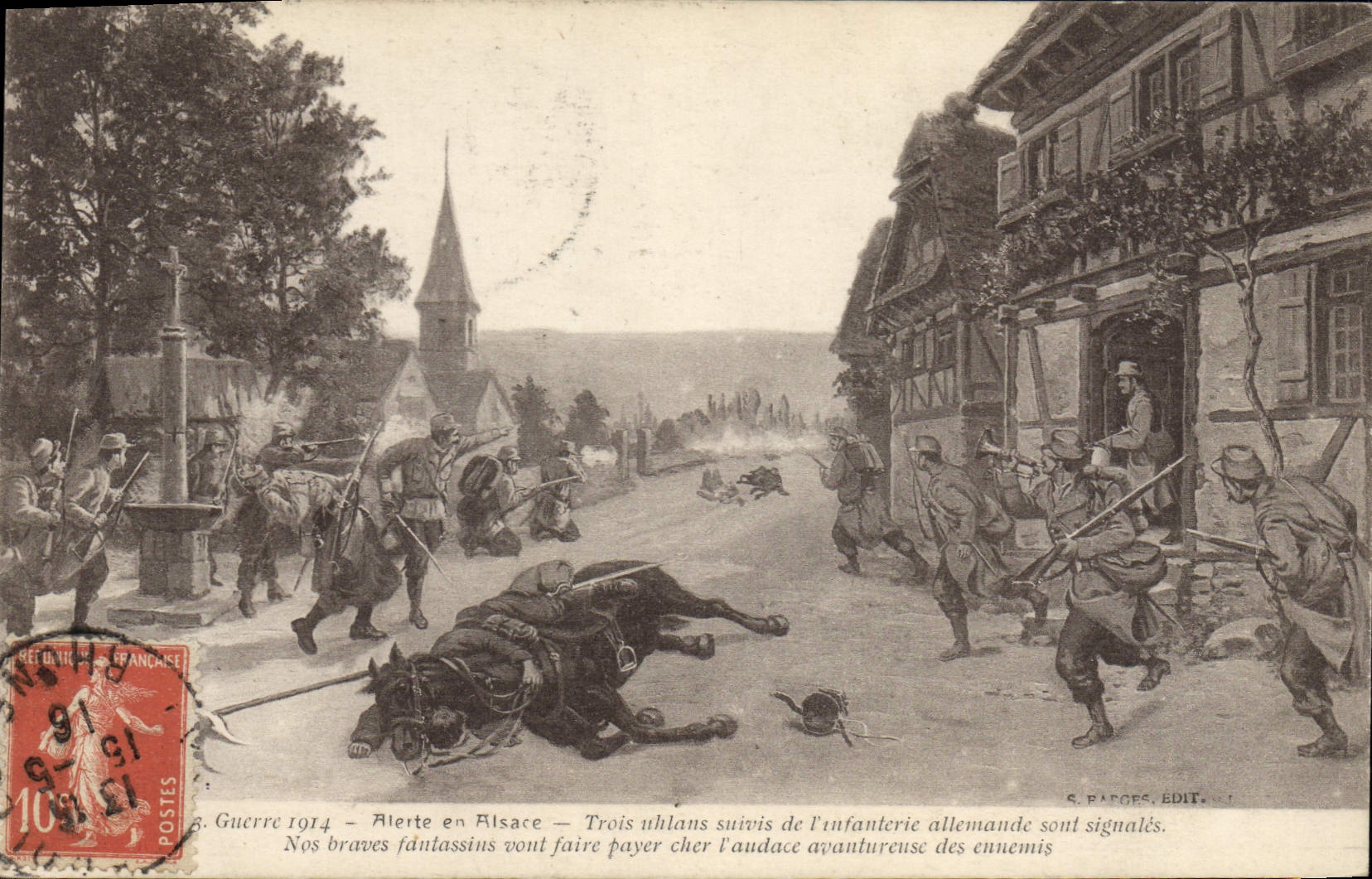 CPA Militaria Alerte en Alsace Trois uhlans suivis de l'infanterie allemande sont signales 