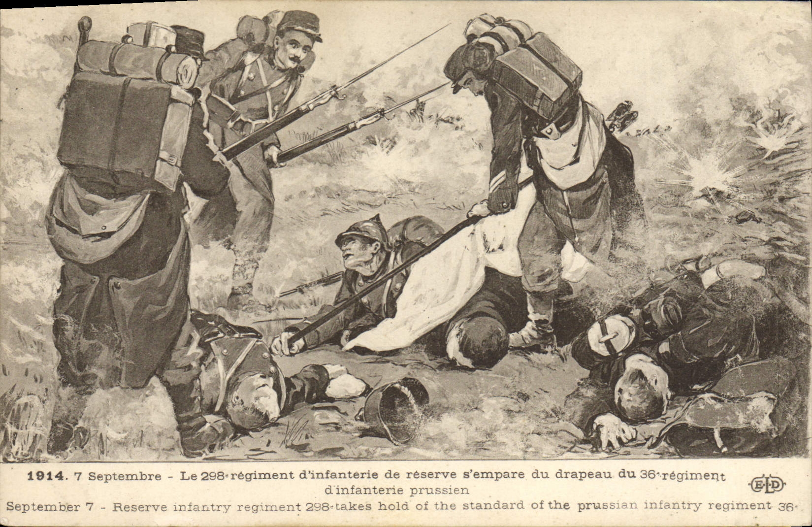 CPA Militaria 7 septembre Le 298eme regiment de reserve s'empare du drapeau du 36eme regiment d'infanterie prussien 