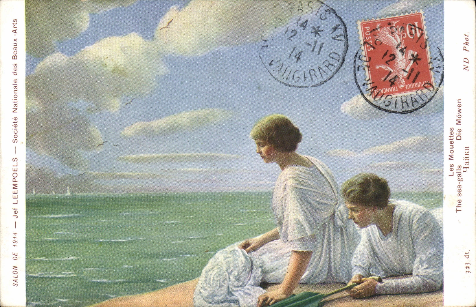 Vintage Postcard Living room of 1914 Jef Leempoels gulls