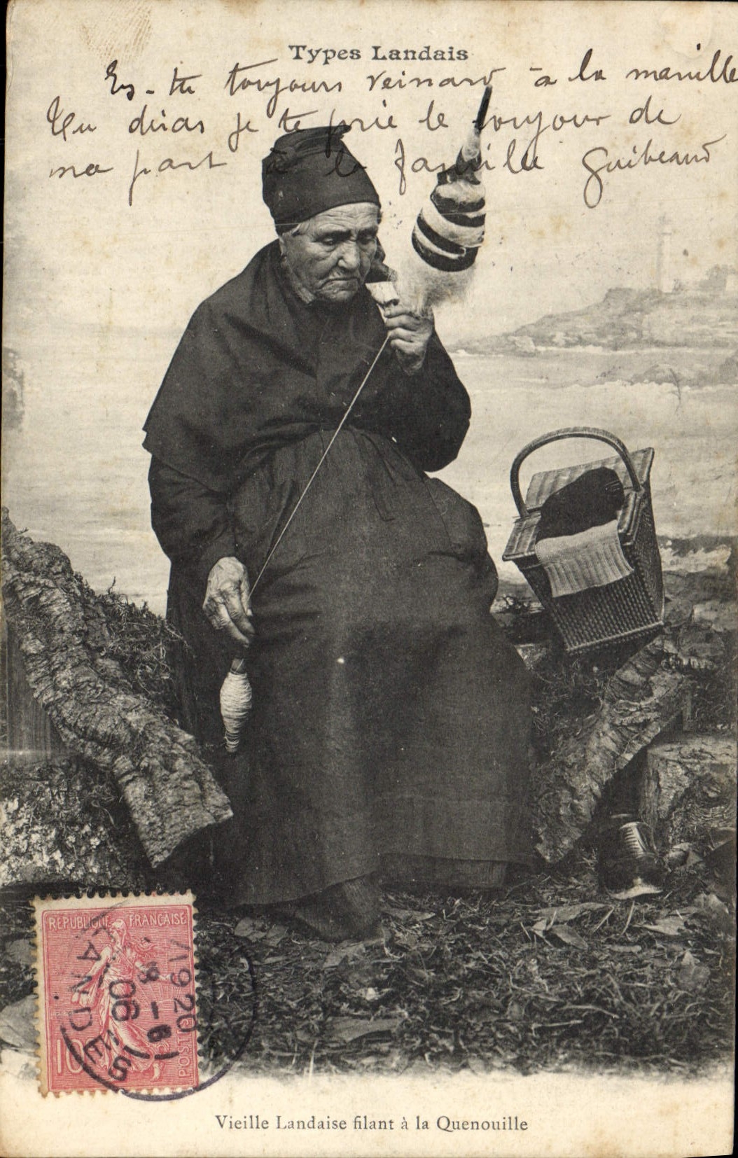 Postal Folclore Vieja landaise fugaz tiene la rueca